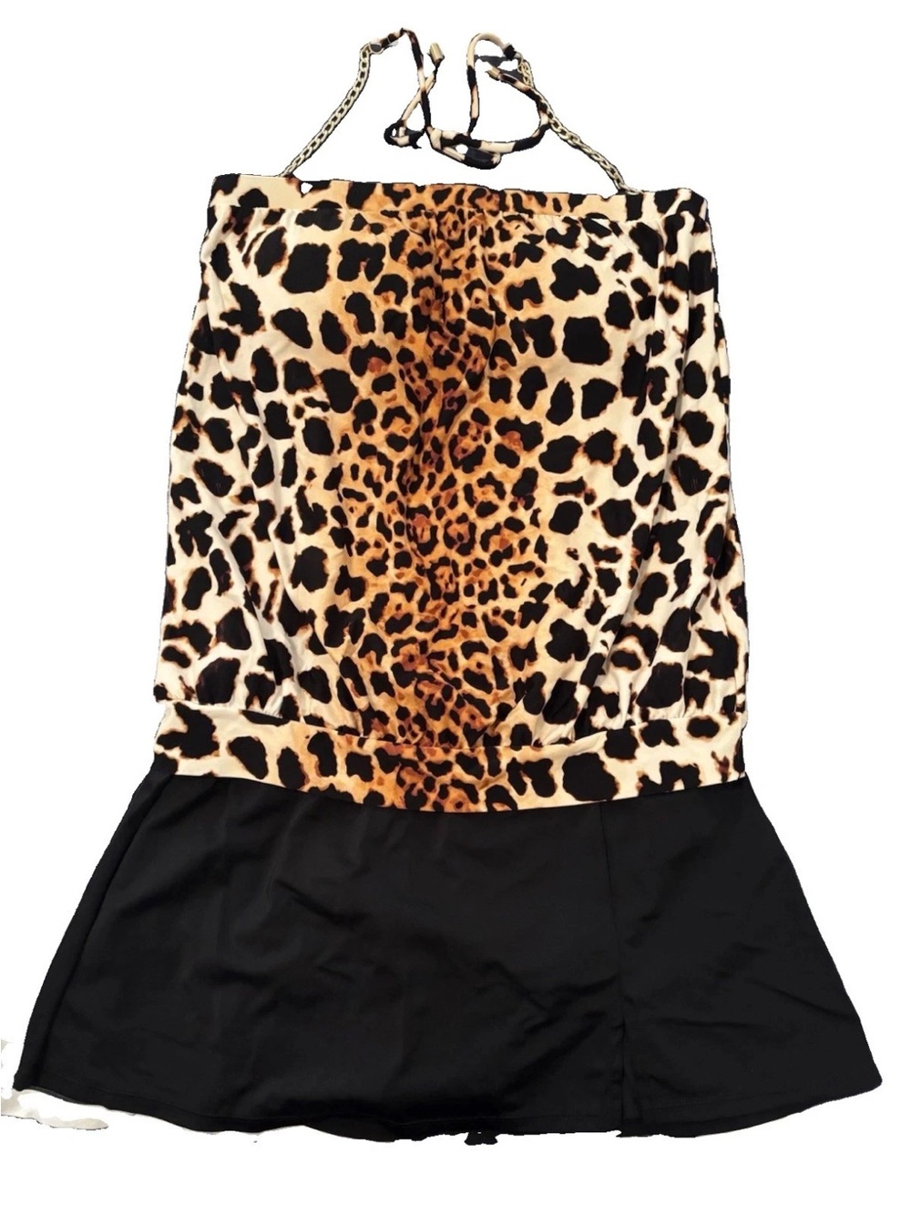 Vince Camuto Swimsuit 2Pc Leopard Print Tankini Top with Gold Chain Tie & Skirt